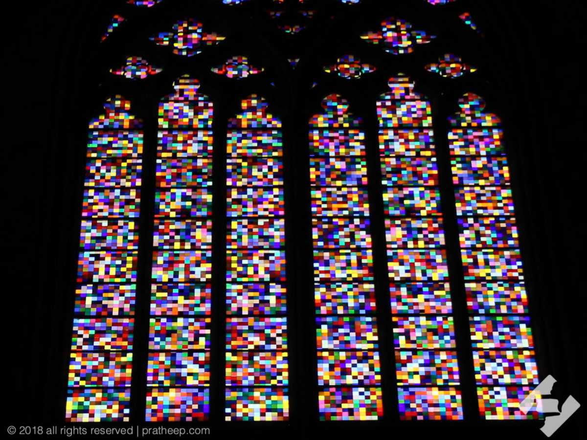 This controversial work of art in the cathedral is by the postmodernist German artist Gerhard Richter. The design consists of 11,500 identically sized pieces of coloured glass, arranged at random by computer,
