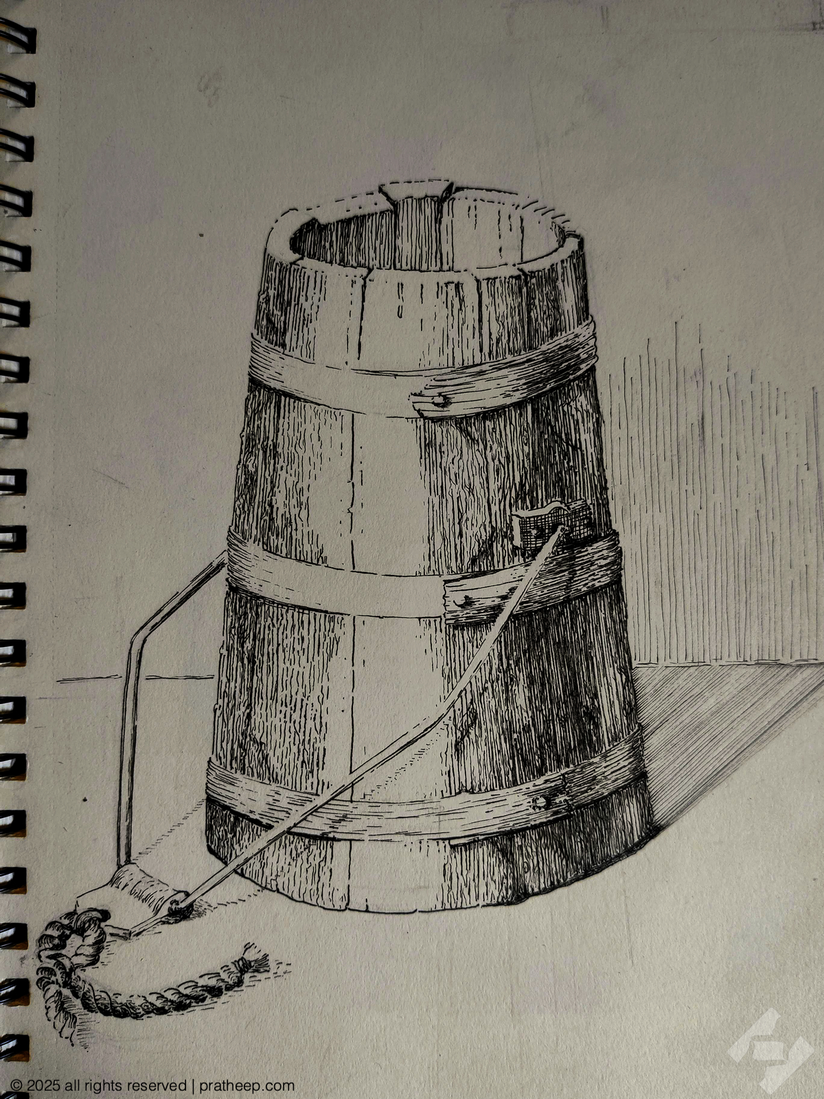 Pen and ink sketch of an old milk dasher, once a staple in traditional dairies.
Rendered with fine line work and textural strokes to mimic the grain and wear of aged wood.
