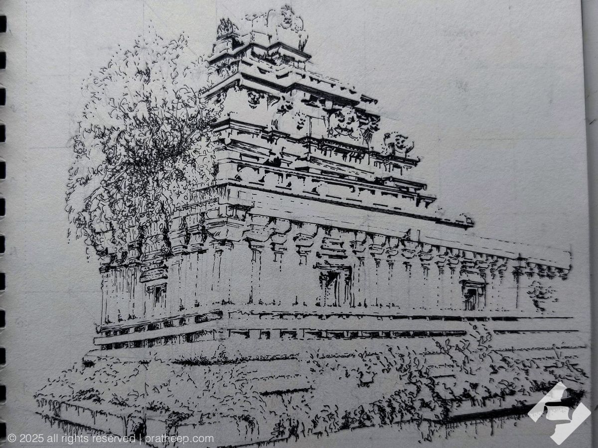 A well preserved temple ruin in Hampi. Drawn with Staedtler pigment liner pen. Also see the original photograph taken in 2006.
